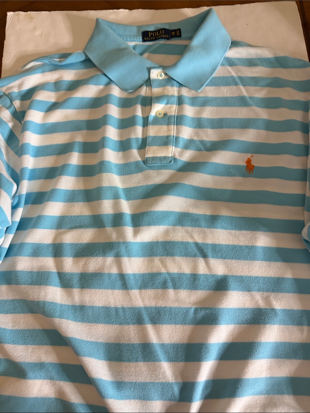 Polo by Ralph Lauren Men’s Sky Blue & White Striped Polo with Orange Pony